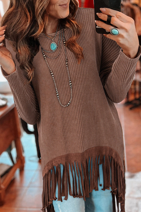 Western Waffle Knit Fringed High Low Loose Top