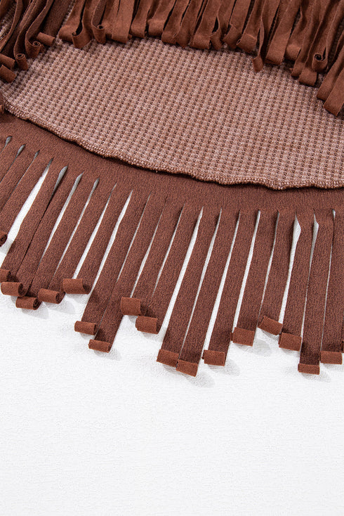 Western Waffle Knit Fringed High Low Loose Top