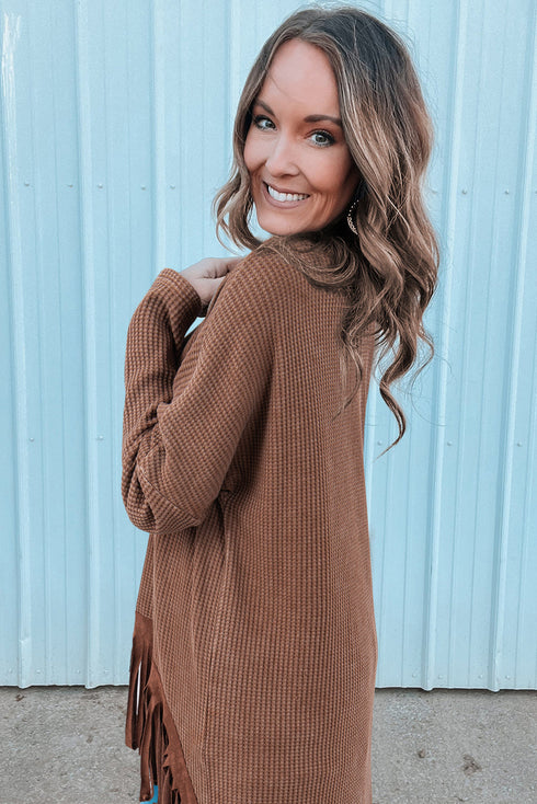 Western Waffle Knit Fringed High Low Loose Top