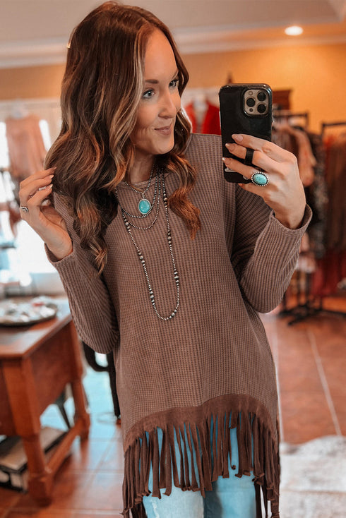 Western Waffle Knit Fringed High Low Loose Top