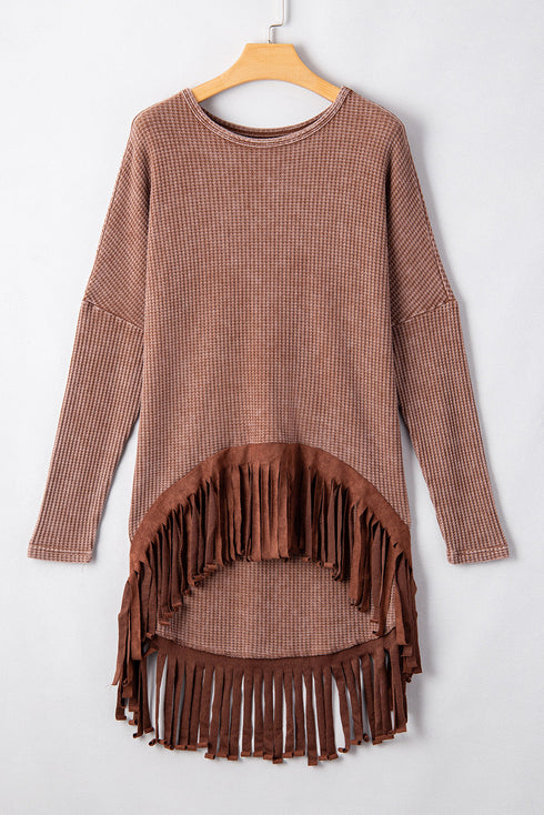 Western Waffle Knit Fringed High Low Loose Top