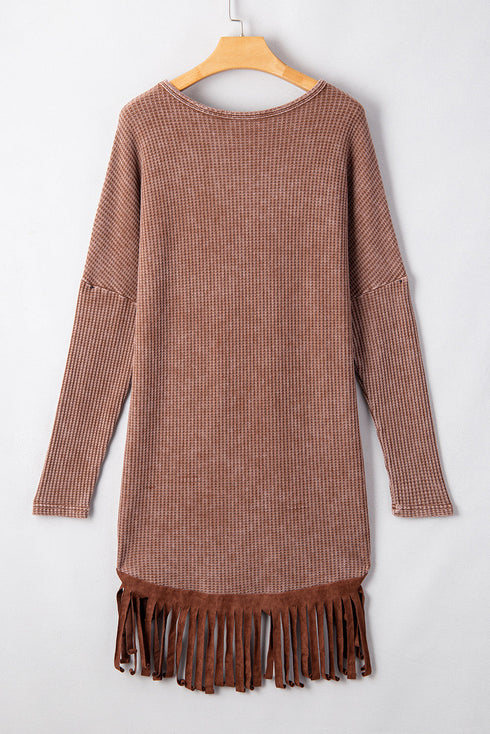 Western Waffle Knit Fringed High Low Loose Top