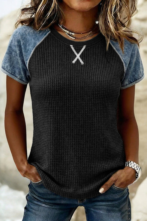 Western Waffle Knit Patchwork Seam Detail Short Sleeve Top