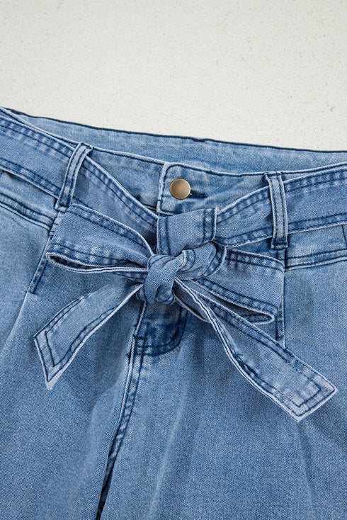 Western Washed Bow Knot Sash Wide Leg Denim Jeans