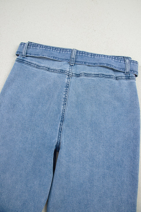 Western Washed Bow Knot Sash Wide Leg Denim Jeans