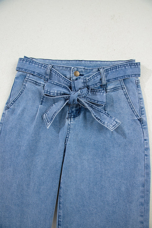 Western Washed Bow Knot Sash Wide Leg Denim Jeans