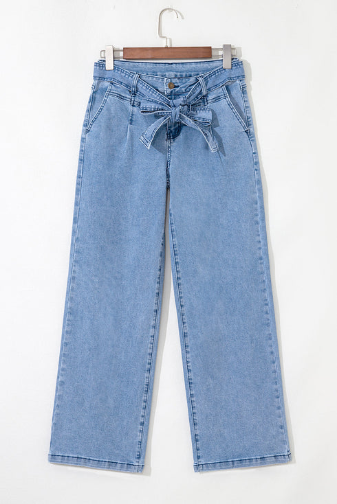 Western Washed Bow Knot Sash Wide Leg Denim Jeans