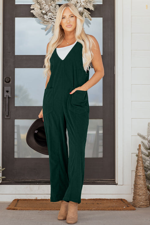 Western Wide Leg Corduroy V Neck Sleeveless Jumpsuit