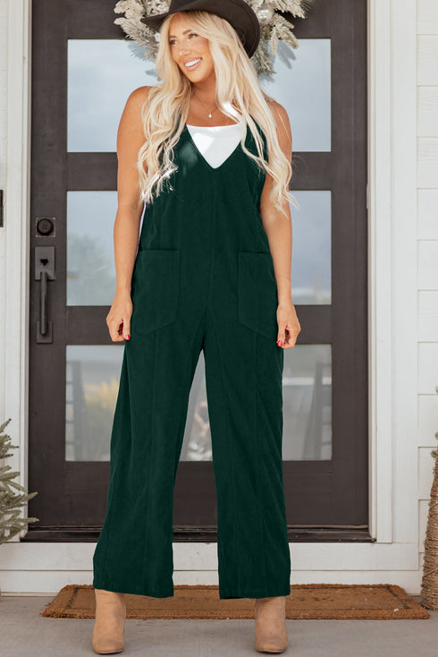 Western Wide Leg Corduroy V Neck Sleeveless Jumpsuit
