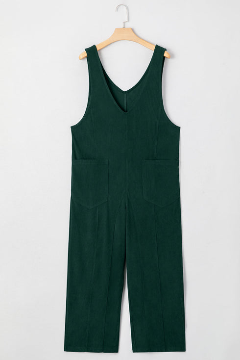 Western Wide Leg Corduroy V Neck Sleeveless Jumpsuit