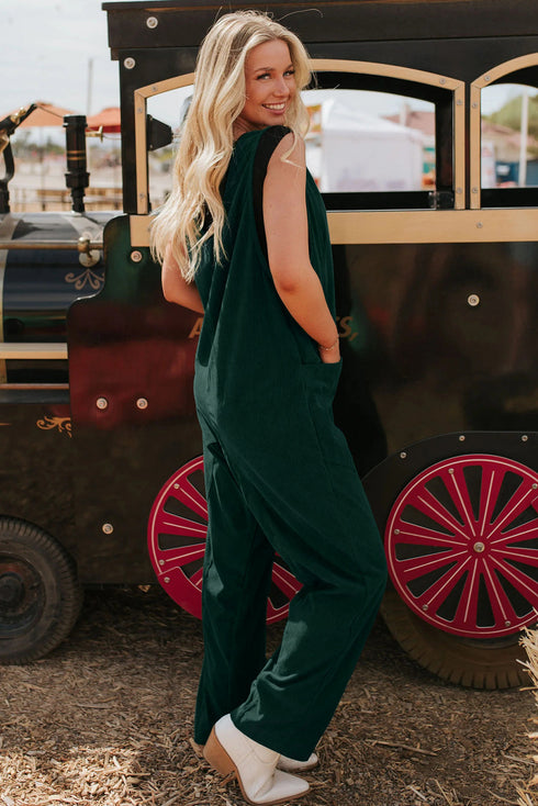 Western Wide Leg Corduroy V Neck Sleeveless Jumpsuit
