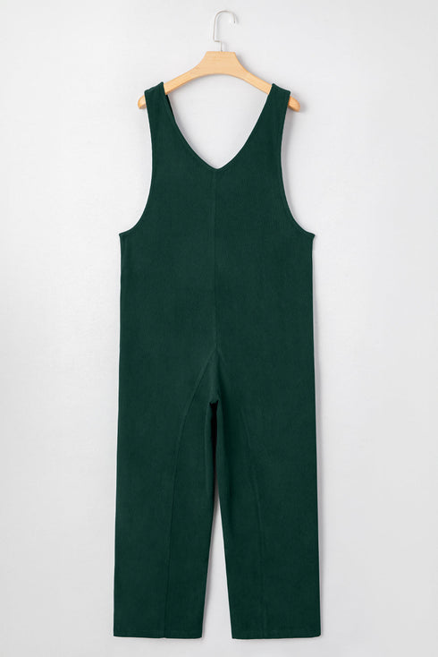 Western Wide Leg Corduroy V Neck Sleeveless Jumpsuit