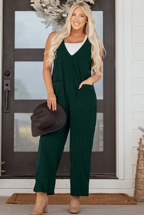 Western Wide Leg Corduroy V Neck Sleeveless Jumpsuit
