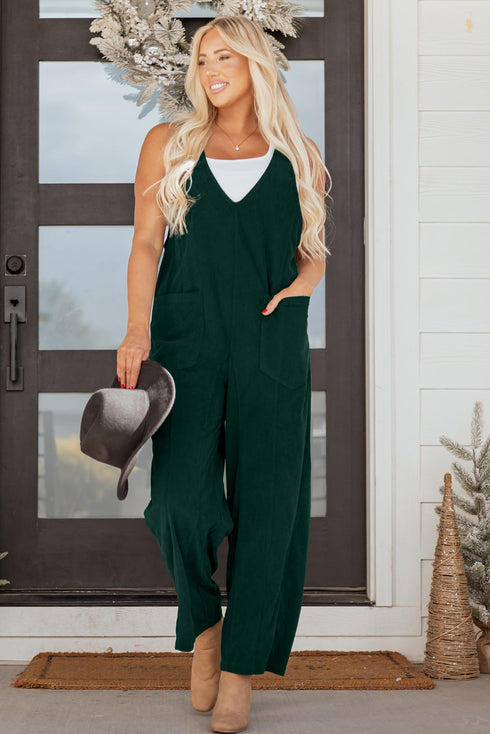 Western Wide Leg Corduroy V Neck Sleeveless Jumpsuit