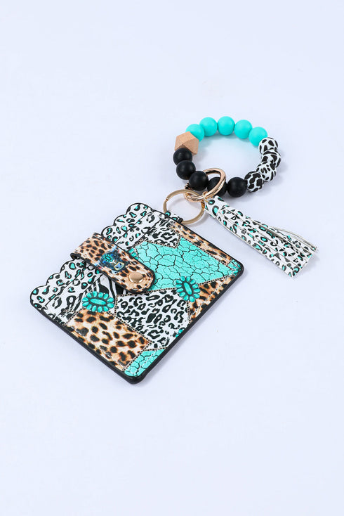 Western Wild Print Beaded Wristlet Wallet Key Ring