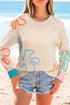 Whimsical Abstract Applique Soft Knit Pullover Sweater