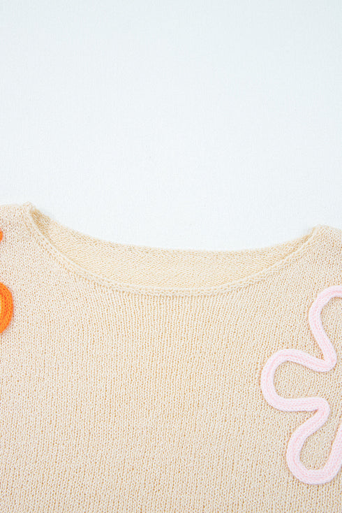 Whimsical Abstract Applique Soft Knit Pullover Sweater