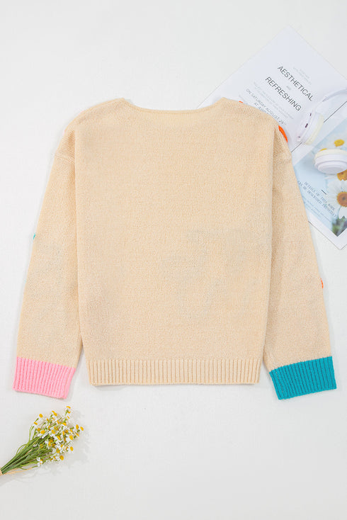 Whimsical Abstract Applique Soft Knit Pullover Sweater