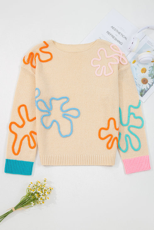 Whimsical Abstract Applique Soft Knit Pullover Sweater
