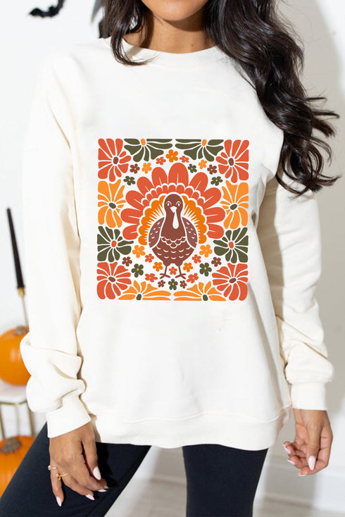 Whimsical Bird Graphic Print Fleece Pullover Sweatshirt