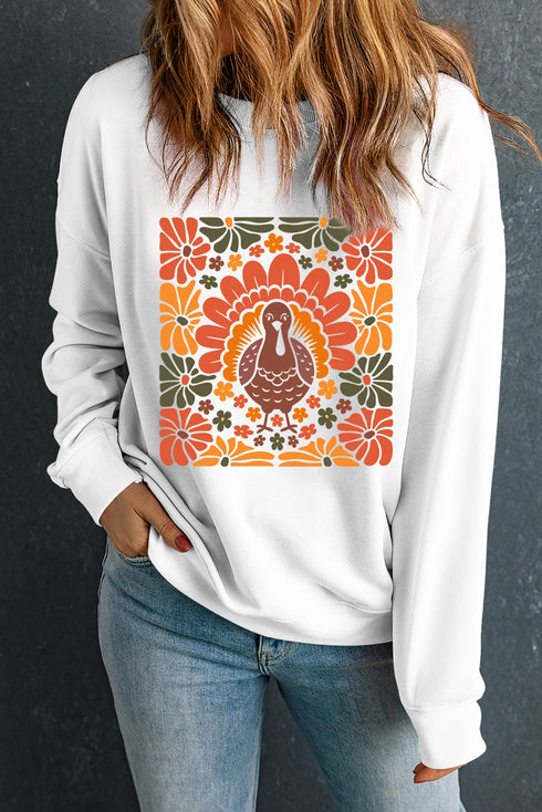 Whimsical Bird Graphic Print Fleece Pullover Sweatshirt