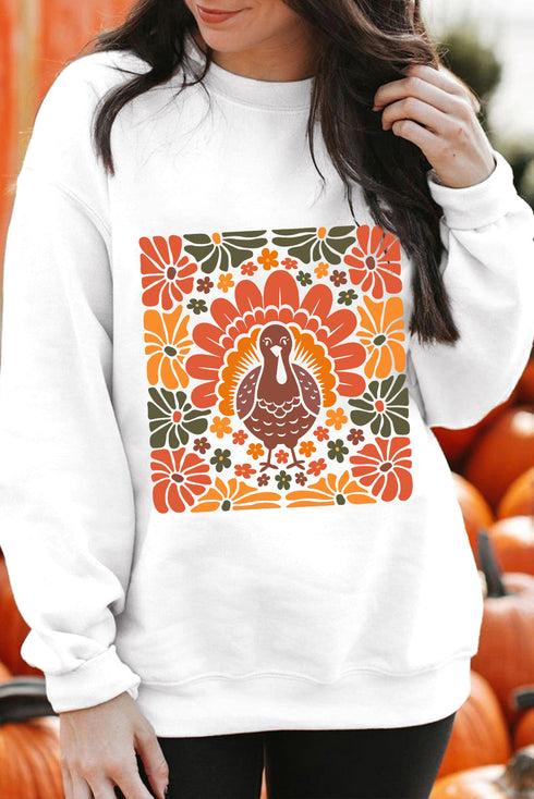 Whimsical Bird Graphic Print Fleece Pullover Sweatshirt