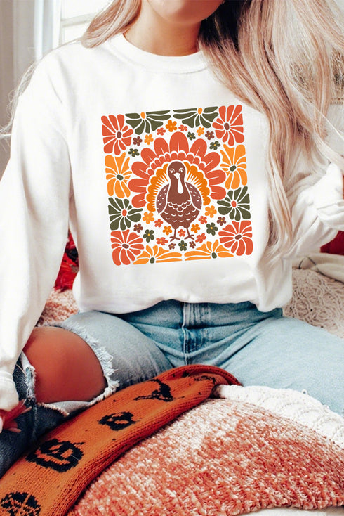 Whimsical Bird Graphic Print Fleece Pullover Sweatshirt