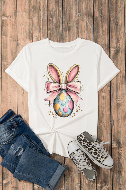 Whimsical Bunny Ears Egg Graphic Crew Neck T-Shirt