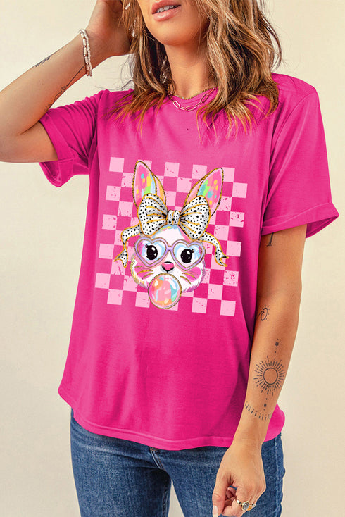 Whimsical Bunny Graphic Print Short Sleeve Crew Neck Tee