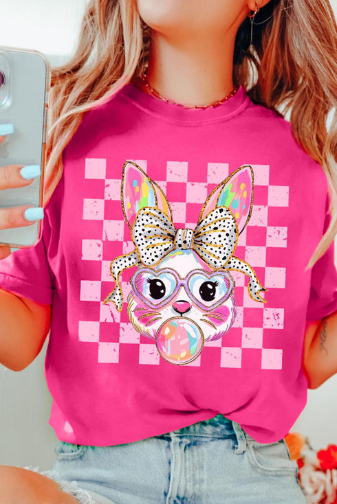 Whimsical Bunny Graphic Print Short Sleeve Crew Neck Tee