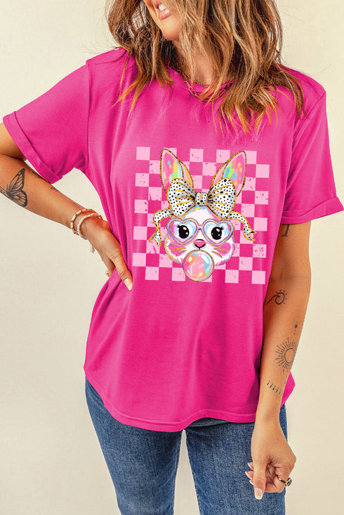 Whimsical Bunny Graphic Print Short Sleeve Crew Neck Tee