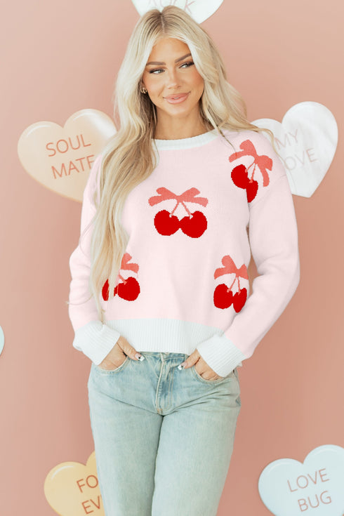 Whimsical Cherry Bow Graphic Knit Pullover Sweater