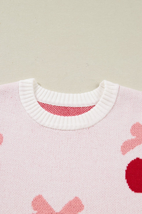 Whimsical Cherry Bow Graphic Knit Pullover Sweater
