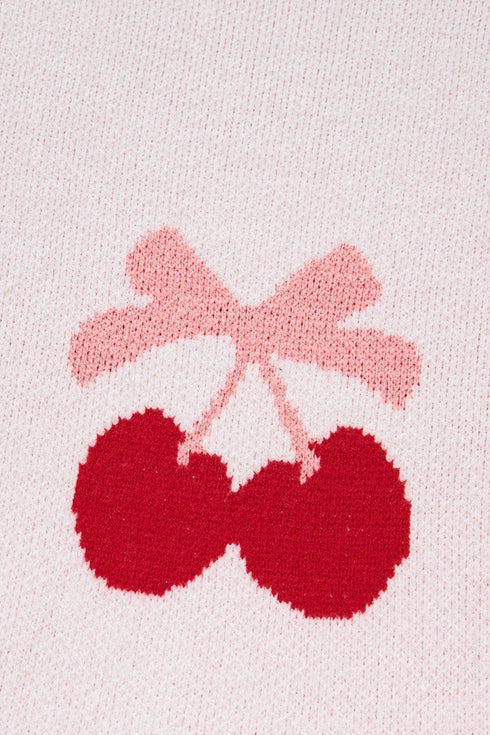 Whimsical Cherry Bow Graphic Knit Pullover Sweater