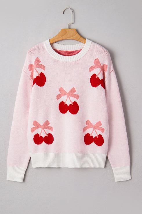 Whimsical Cherry Bow Graphic Knit Pullover Sweater