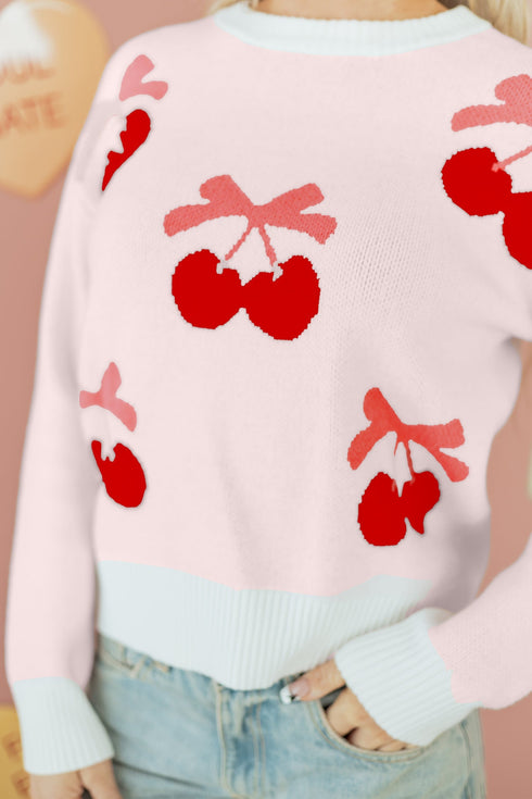 Whimsical Cherry Bow Graphic Knit Pullover Sweater