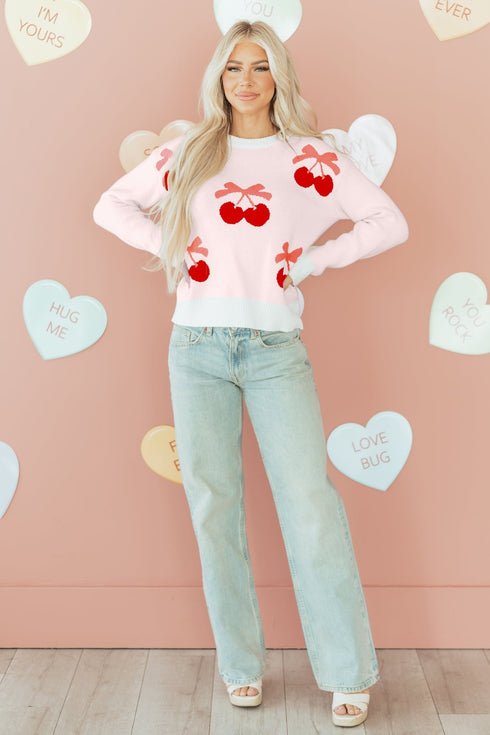 Whimsical Cherry Bow Graphic Knit Pullover Sweater