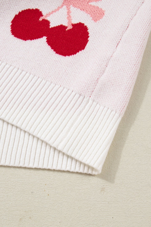 Whimsical Cherry Bow Graphic Knit Pullover Sweater