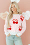 Whimsical Cherry Bow Graphic Knit Pullover Sweater
