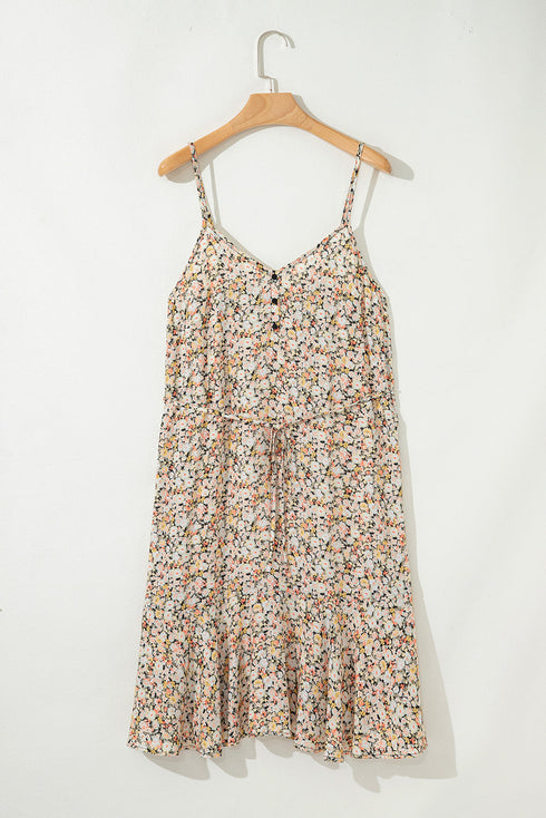 Whimsical Floral Tie Waist Adjustable Strap Flowy Flared Dress