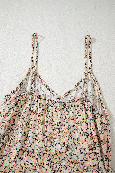 Whimsical Floral Tie Waist Adjustable Strap Flowy Flared Dress