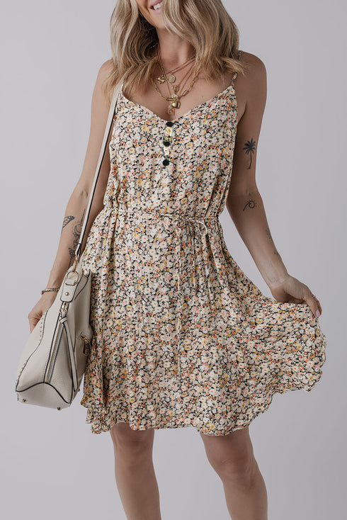 Whimsical Floral Tie Waist Adjustable Strap Flowy Flared Dress