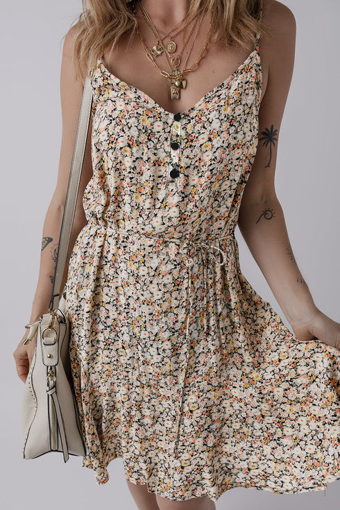 Whimsical Floral Tie Waist Adjustable Strap Flowy Flared Dress