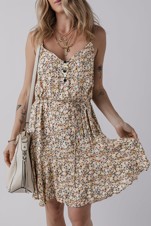 Whimsical Floral Tie Waist Adjustable Strap Flowy Flared Dress