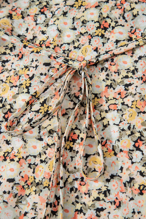 Whimsical Floral Tie Waist Adjustable Strap Flowy Flared Dress