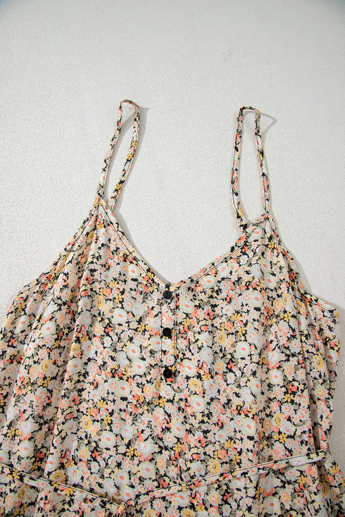 Whimsical Floral Tie Waist Adjustable Strap Flowy Flared Dress