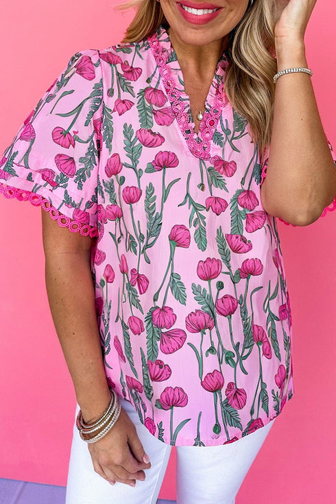 Whimsical Garden Floral Print Lace Trim Puff Sleeve Blouse
