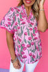 Whimsical Garden Floral Print Lace Trim Puff Sleeve Blouse