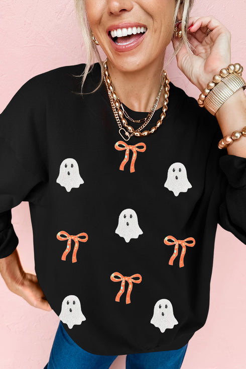 Whimsical Ghost And Bow Graphic Crew Neck Sweatshirt