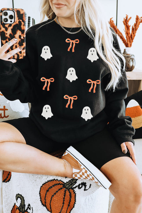 Whimsical Ghost And Bow Graphic Crew Neck Sweatshirt